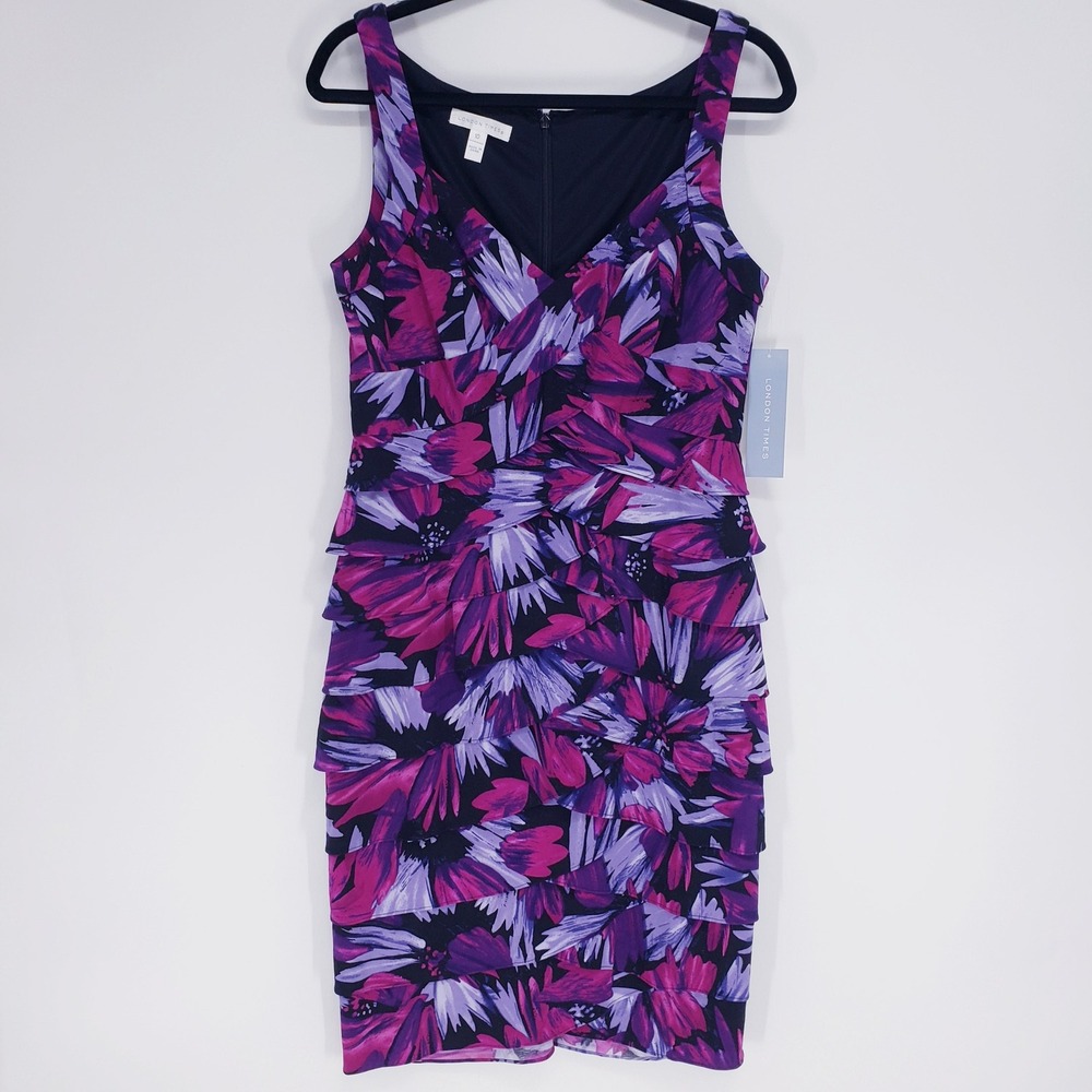 London Times Floral Tiered Sheath Dress Size 10 Purple Pink V-Neck Cocktail NEW